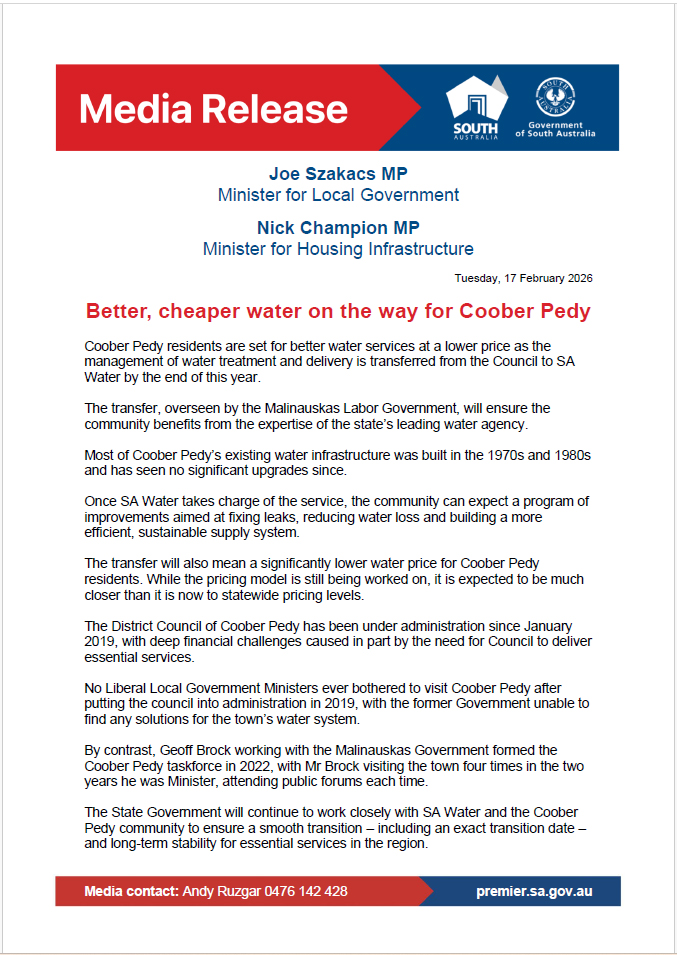 SA Water to Take Over Coober Pedy Supply — Long Overdue Reform or Election-Eve Promise?